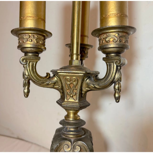 Vintage Ornate Rembrandt Cast Iron Green Onyx Stone 3 Arm Electric Table Lamp For Sale In New York - Image 6 of 11