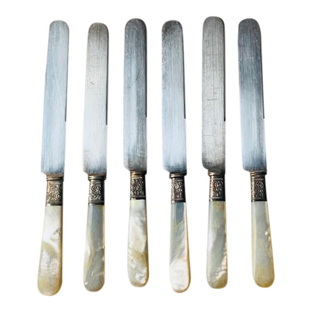 Six Mother-of-Pearl & Silver Dinner Knives — Landers, Frary & Clark Aetna Works — American Edwardian Table, C. 1900–1915 For Sale