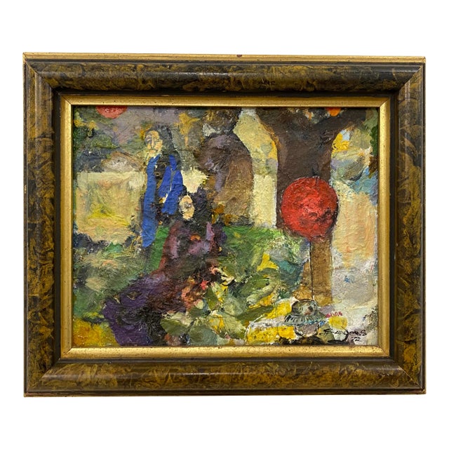 Vintage Oil Painting "The Red Balloon" by Sanders C.1972 For Sale