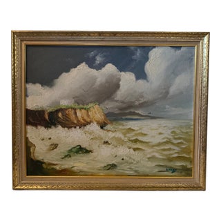 Mid-Century Oil on Board Iberian Seascape in Gilt Frame by Lanas For Sale