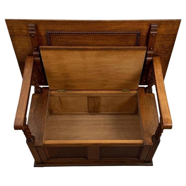 Antique English Golden Oak Monks Bench For Sale - Image 3 of 14