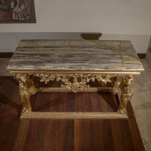 Carved Console Table with Marble Top and Cherubs For Sale - Image 4 of 9