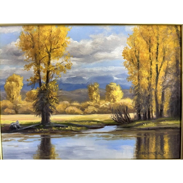 Signed original oil painting on board by Ruth Rawhouser (Wyoming, present day). It is beautifully rendered in Rawhouser's...