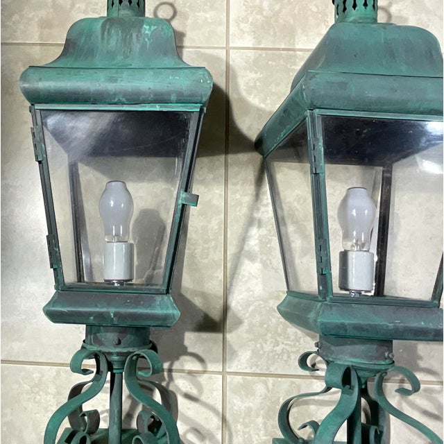 Turquoise Pair of Vintage Solid Brass Post Lanterns. 27”h X 8”.5 X 8”.5 For Sale - Image 8 of 16