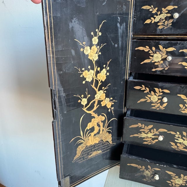 Antique Chinese 17" Black Lacquered Collectors Cabinet Qing Dynasty For Sale - Image 4 of 11