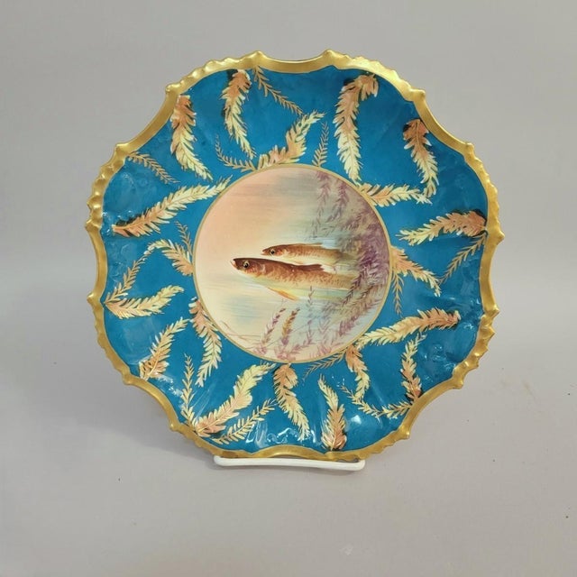 Turquoise French Limoges Hand-Painted Fish Plate With Gilt Rim, Circa Early 20th C. For Sale - Image 8 of 8