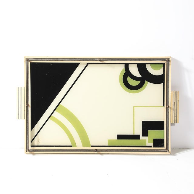 Art Deco Eglomise Cubist Graphic Geometric Motif Tray W/ Cream Lacquered Border For Sale - Image 10 of 12