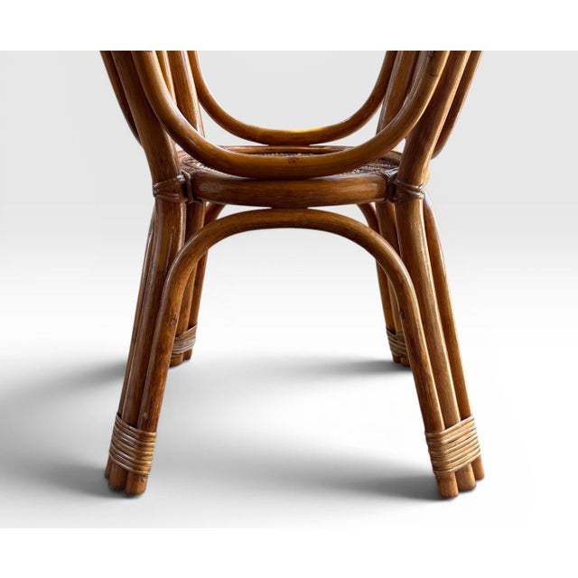 Vintage French Style Bistro Bamboo and Rattan Dining Set Round Glass Top Table and Four Armchairs 5 Pieces For Sale - Image 15 of 16