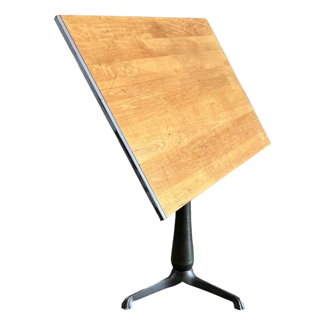 Antique Industrial Drafting Table on Swivel Cast Iron Pedestal Base W/Restored Top For Sale