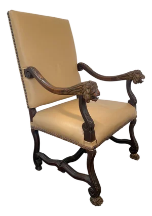 Early 20th Century Louis XIV Style Carved Wood Lion Heads & Leather Upholstered Throne Armchair