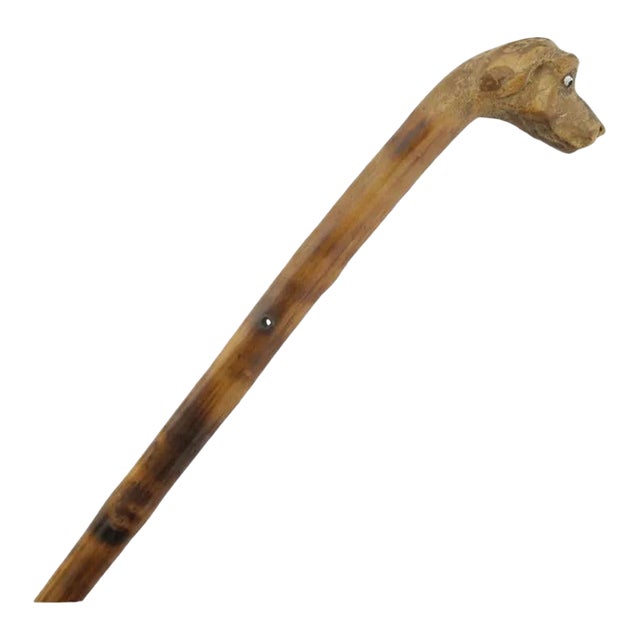 Antique Dog Head With Beady Eyes Hand Carved Folk Art Walking Stick Cane For Sale