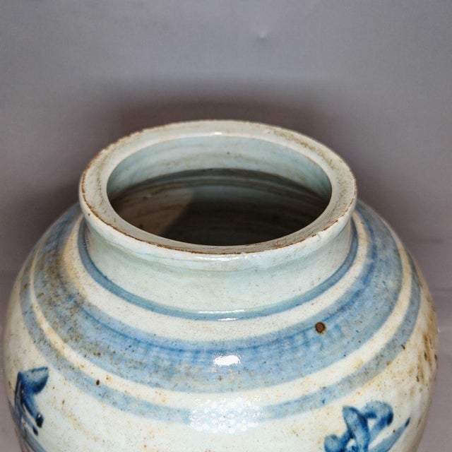 Ceramic Antique Chinese Blue & White Calligraphy Ceramic Storage Jar, Chinoiserie Decor Vessel For Sale - Image 7 of 9