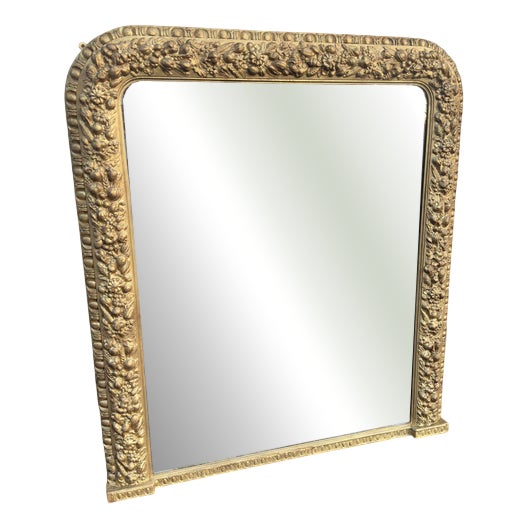 Large Antique English Arched Top Overmantle Mirror with Gilt Ornate Frame, 19th Century For Sale