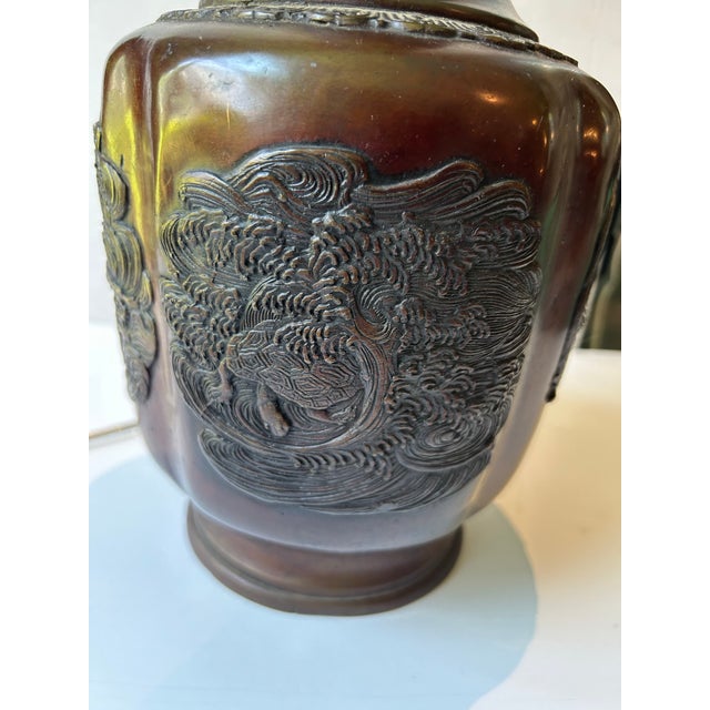 Japanese Late 19th Century Japanese Meiji Bronze Vase Lamp For Sale - Image 3 of 11