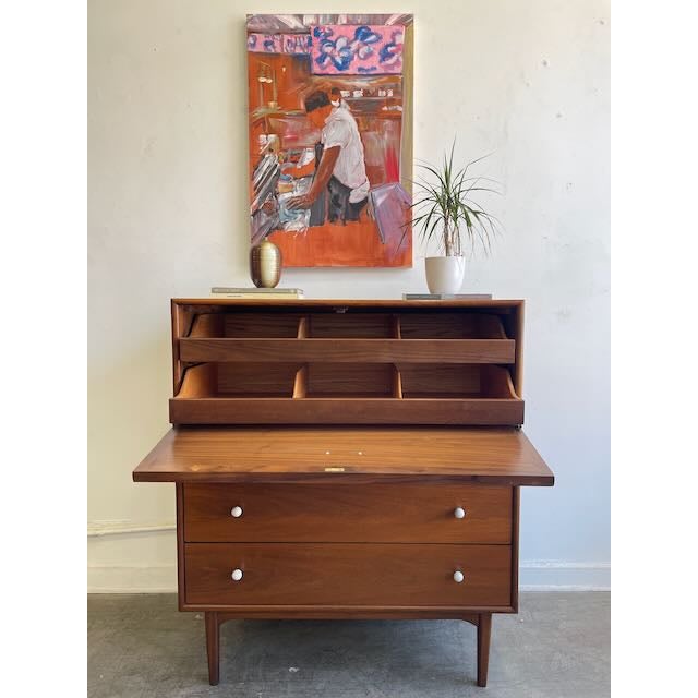 Mid-century walnut highboy designed by Kipp Stewart & Stewart MacDougall for Drexel’s iconic Declaration line. This...