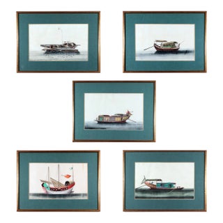 Set of Five 19th Century China Trade Watercolors of Junks on Pith Paper For Sale