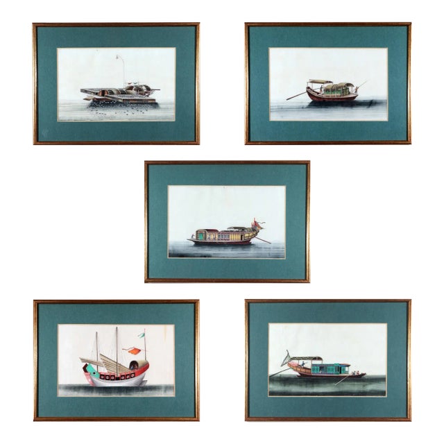 Set of Five 19th Century China Trade Watercolors of Junks on Pith Paper For Sale
