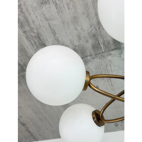 Metal Mid-Century Modern Brass and Opaline Glass 6-Globe Chandelier, 1960s For Sale - Image 7 of 10