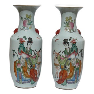 Pair Chinese Famille Rose People Graphic Tall Porcelain Art Vases For Sale