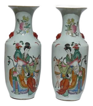 Pair Chinese Famille Rose People Graphic Tall Porcelain Art Vases
