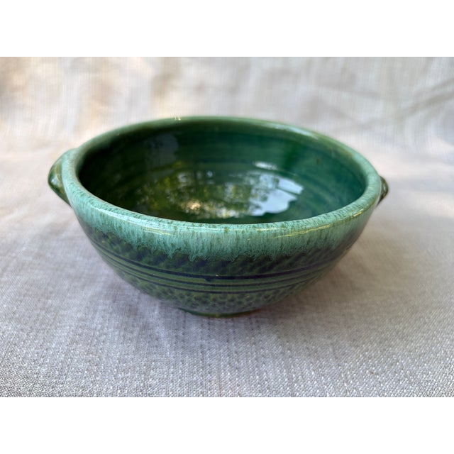 Vintage Green Glazed Ceramic Pottery Bowl With Side Handles For Sale - Image 11 of 12