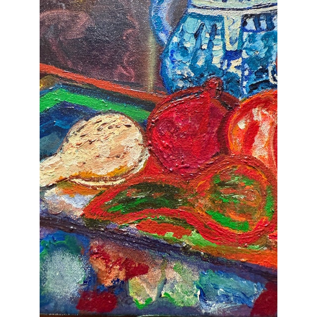 Textile Colorful Still Life With Blue Pitcher, Oil Painting For Sale - Image 7 of 12
