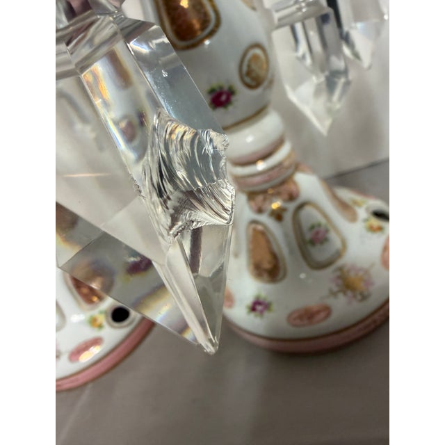 White Vintage Occupied Japan Porcelain Mantle Lustre Lamp Bases W/ Crystal Spear Prisms - Pair For Sale - Image 8 of 10
