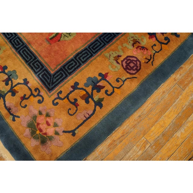 1920s Orange Dragon Medallion Antique Chinese Art Deco Carpet 8'10'' X 11'5'' Knotted Wool Rug For Sale - Image 10 of 12