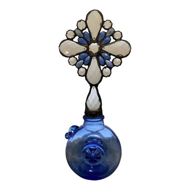 Handmade Crystal Cross Assemblage Sculpture on Cobalt Blue Glass Bottle For Sale