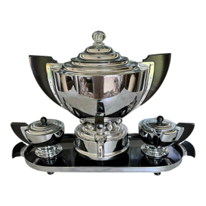 Art Deco, Machine Age Chrome & Bakelite Coffee Service Set by Manning Bowman: Percolator, Tray, Sugar, Creamer, Cord – 1930s