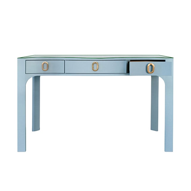 Worlds Away Matthew Izzo Home Gladys Light Blue Textured Linen Three Drawer Desk With Brass Hardware and Glass Top For Sale - Image 4 of 8