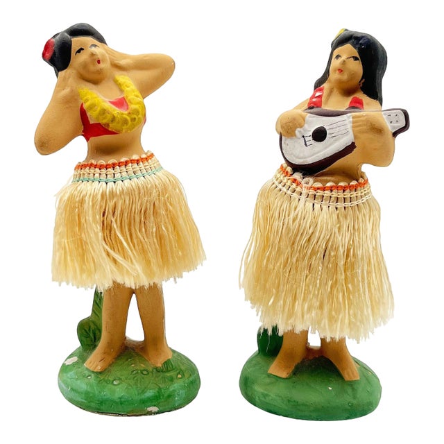 Mid 20th Century Hawaii Hula Girl Ukulele Player & Dancing Bobble Doll Pair For Sale