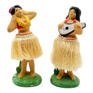 Mid 20th Century Hawaii Hula Girl Ukulele Player & Dancing Bobble Doll Pair