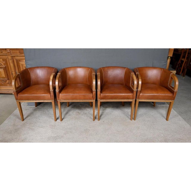 Vintage Art Deco Chairs in Walnut and Leather, 1940, Set of 4 For Sale - Image 4 of 18