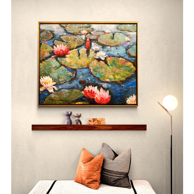 Textile Framed Textured Contemporary Iris Lilies Red White Blue Painting on Canvas For Sale - Image 7 of 9