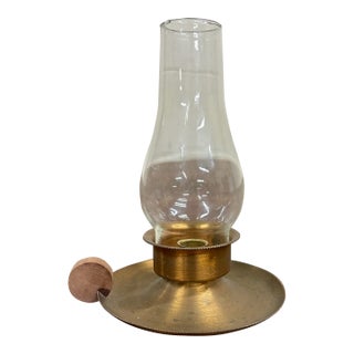 Vintage Brass Candlestick Holder With Hurricane Lamp Top and Wood Handle For Sale