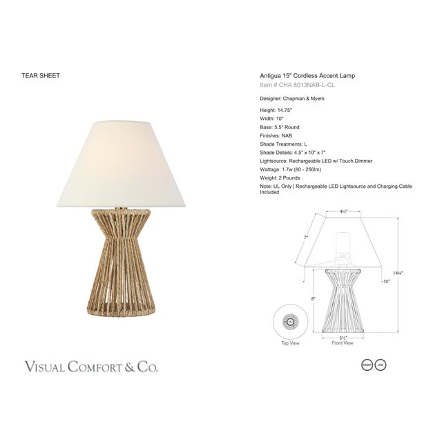 Chapman & Myers by Visual Comfort Signature Antigua 15" Cordless Accent Lamp in Natural Abaca with Linen Shade Designer:...