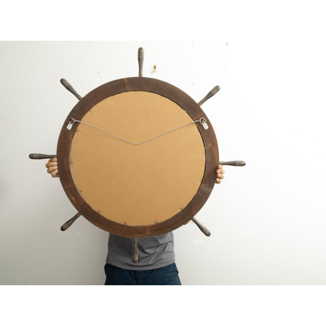 Wood English Midcentury Period Ship Wheel Shaped Mirror with Distressed Patina For Sale - Image 7 of 7