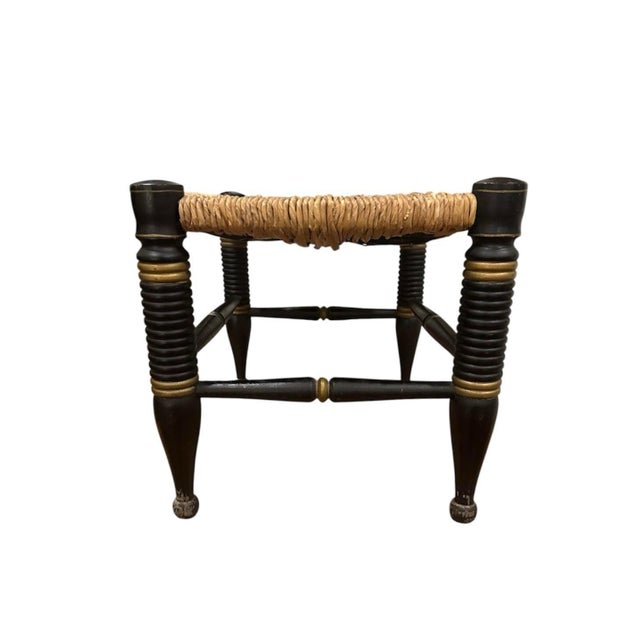 Antique Ebonized Hitchcock Stool / Footsool With Woven Rush Seat, Stenciling, & Spool Legs For Sale - Image 9 of 12