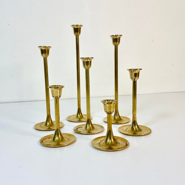 Mid-Century Modern Mid Century Hollywood Regency Gustavian Swedish Graduating Brass Candle Holders - Set of 7 For Sale - Image 3 of 10