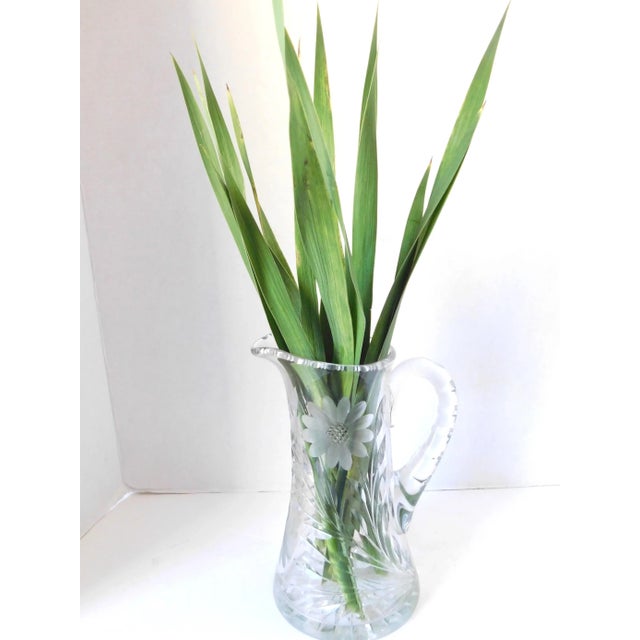 Mid-Century Modern Heavy Brilliant Cut Crystal Vintage Pitcher, Floral & Leaf Design, Water, Wine, Cocktails, Drinks For Sale - Image 3 of 11