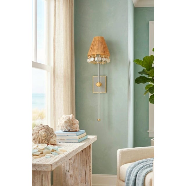 Visual Comfort Baby Blue Glass Rod Jeweled Custom Raffia Shell Trim Shade Single Light Wall Lamp Sconce For Sale - Image 9 of 9