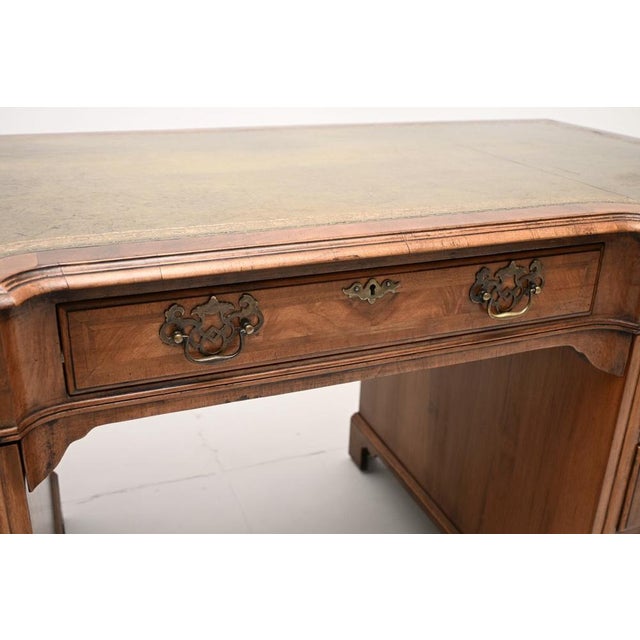 Wood Large Antique Walnut Leather Top Pedestal Desk, 1900 For Sale - Image 7 of 11