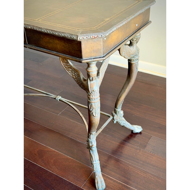 Vintage Egyptian Revival Leather Top Console Table Desk With Winged Woman Caryatid Sphinx Base For Sale - Image 11 of 11