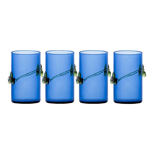 Blue Tumber with Rope & Flowers, Set of 4 For Sale