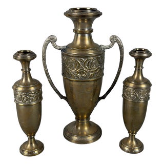 Vintage Triptych Vases with Amphora Silver Brass and Floral Embossment Roses, 1930s, Set of 2 For Sale
