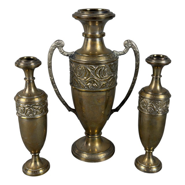 Vintage Triptych Vases with Amphora Silver Brass and Floral Embossment Roses, 1930s, Set of 2 For Sale