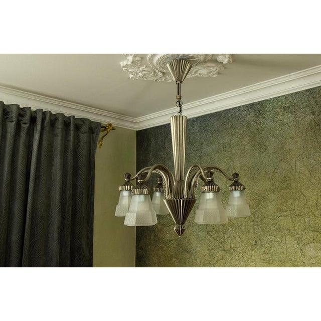 Art Deco French Bronze and Frosted White Glass Six-Light Chandelier, 1930s For Sale - Image 6 of 18
