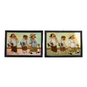 Framed Pair of Punakawan Reverse Glass Painting Scholars' Stroll