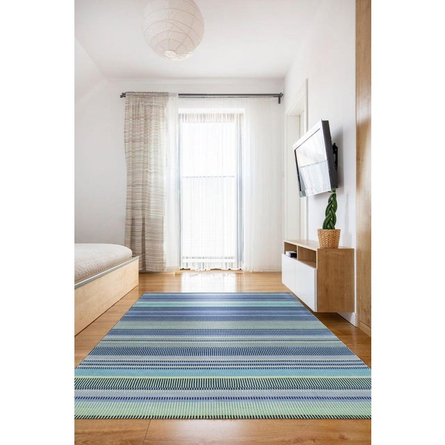 9x12 Blue Hand-Knotted Wool Striated Bands Geometric Modern Carpet Rug For Sale In New York - Image 6 of 9